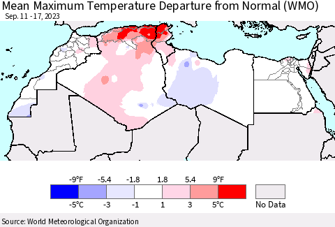North Africa Mean Maximum Temperature Departure from Normal (WMO) Thematic Map For 9/11/2023 - 9/17/2023