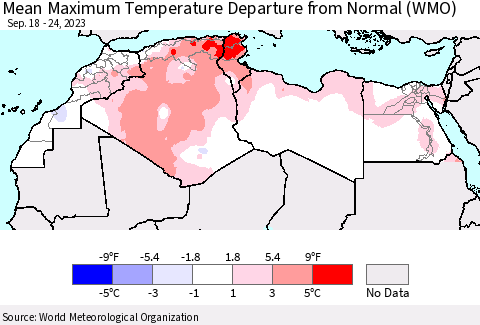 North Africa Mean Maximum Temperature Departure from Normal (WMO) Thematic Map For 9/18/2023 - 9/24/2023