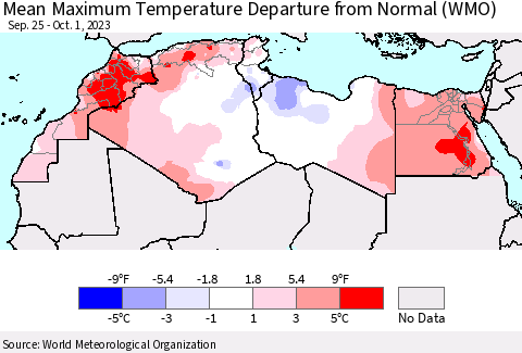 North Africa Mean Maximum Temperature Departure from Normal (WMO) Thematic Map For 9/25/2023 - 10/1/2023