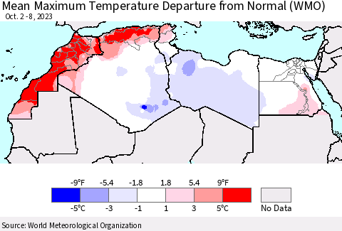 North Africa Mean Maximum Temperature Departure from Normal (WMO) Thematic Map For 10/2/2023 - 10/8/2023