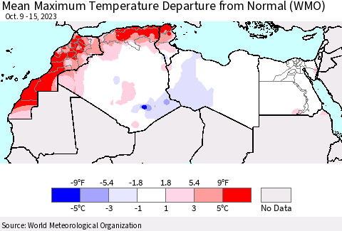 North Africa Mean Maximum Temperature Departure from Normal (WMO) Thematic Map For 10/9/2023 - 10/15/2023