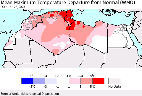 North Africa Mean Maximum Temperature Departure from Normal (WMO) Thematic Map For 10/16/2023 - 10/22/2023
