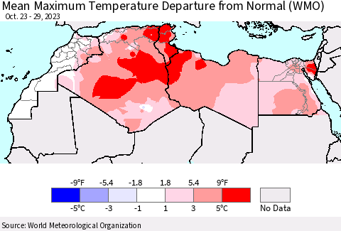 North Africa Mean Maximum Temperature Departure from Normal (WMO) Thematic Map For 10/23/2023 - 10/29/2023