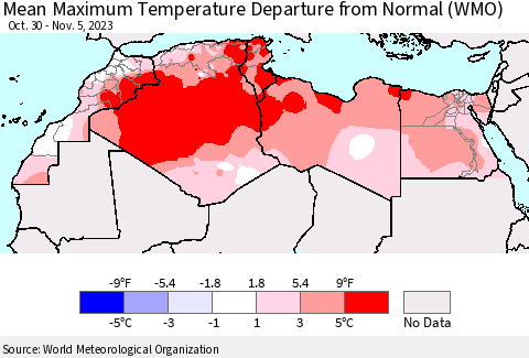 North Africa Mean Maximum Temperature Departure from Normal (WMO) Thematic Map For 10/30/2023 - 11/5/2023