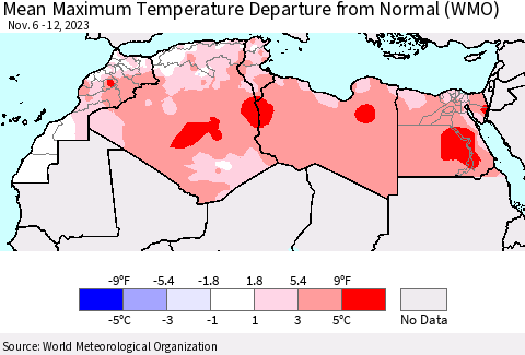 North Africa Mean Maximum Temperature Departure from Normal (WMO) Thematic Map For 11/6/2023 - 11/12/2023