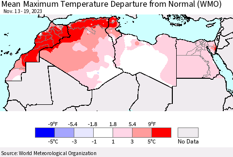North Africa Mean Maximum Temperature Departure from Normal (WMO) Thematic Map For 11/13/2023 - 11/19/2023