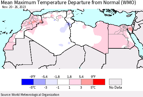 North Africa Mean Maximum Temperature Departure from Normal (WMO) Thematic Map For 11/20/2023 - 11/26/2023