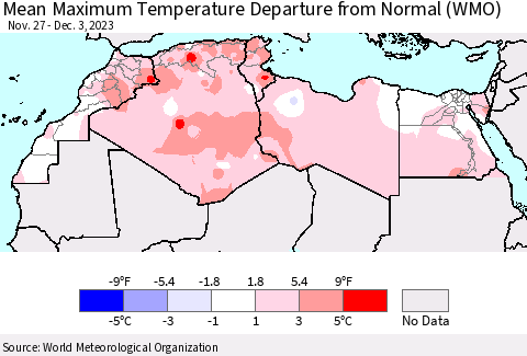 North Africa Mean Maximum Temperature Departure from Normal (WMO) Thematic Map For 11/27/2023 - 12/3/2023