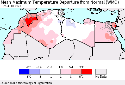 North Africa Mean Maximum Temperature Departure from Normal (WMO) Thematic Map For 12/4/2023 - 12/10/2023