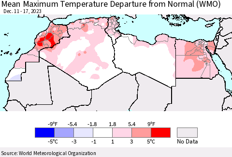 North Africa Mean Maximum Temperature Departure from Normal (WMO) Thematic Map For 12/11/2023 - 12/17/2023