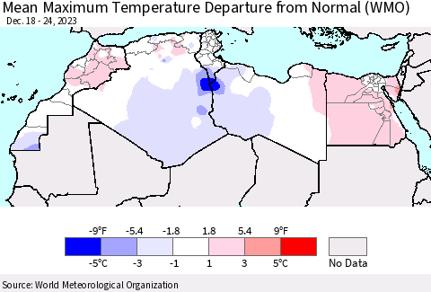 North Africa Mean Maximum Temperature Departure from Normal (WMO) Thematic Map For 12/18/2023 - 12/24/2023