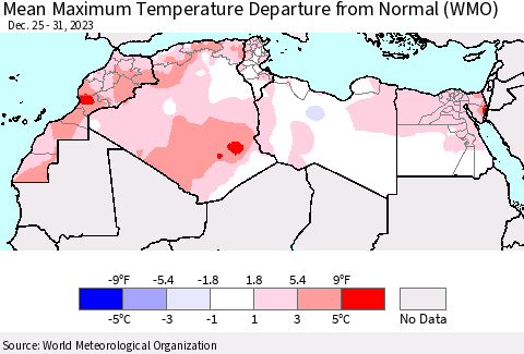 North Africa Mean Maximum Temperature Departure from Normal (WMO) Thematic Map For 12/25/2023 - 12/31/2023