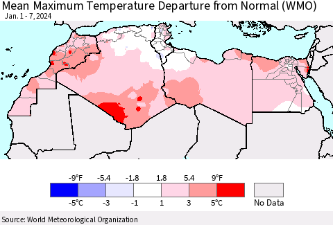 North Africa Mean Maximum Temperature Departure from Normal (WMO) Thematic Map For 1/1/2024 - 1/7/2024