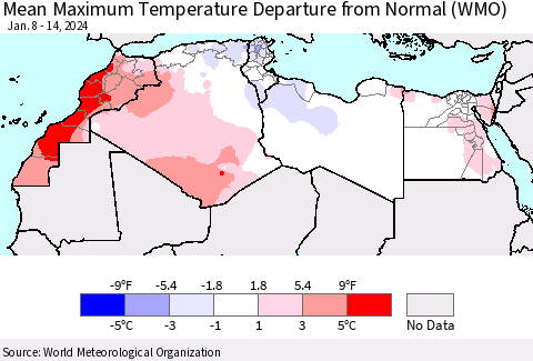 North Africa Mean Maximum Temperature Departure from Normal (WMO) Thematic Map For 1/8/2024 - 1/14/2024