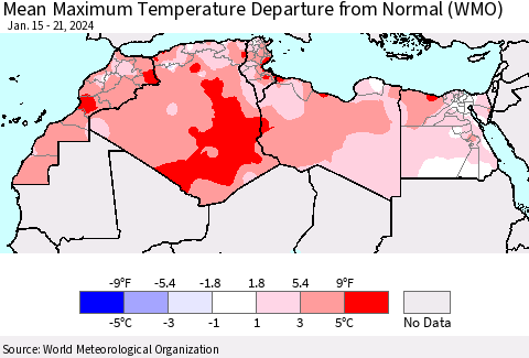 North Africa Mean Maximum Temperature Departure from Normal (WMO) Thematic Map For 1/15/2024 - 1/21/2024