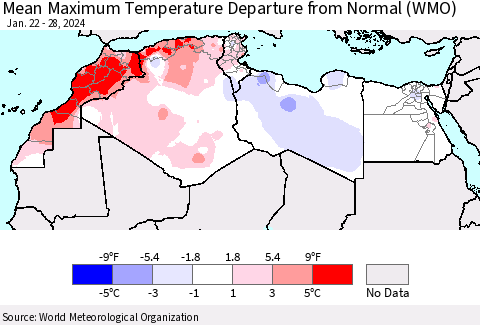 North Africa Mean Maximum Temperature Departure from Normal (WMO) Thematic Map For 1/22/2024 - 1/28/2024