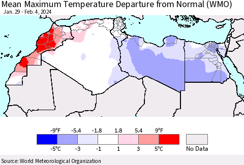 North Africa Mean Maximum Temperature Departure from Normal (WMO) Thematic Map For 1/29/2024 - 2/4/2024