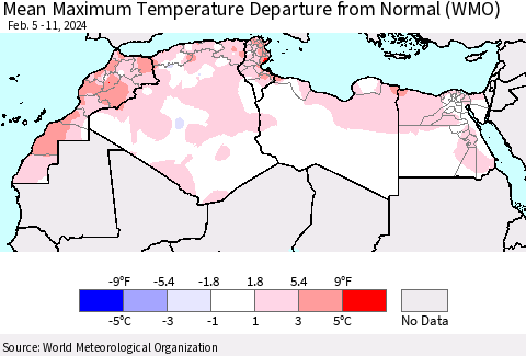 North Africa Mean Maximum Temperature Departure from Normal (WMO) Thematic Map For 2/5/2024 - 2/11/2024