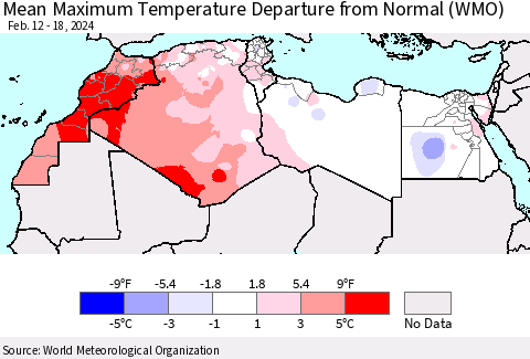 North Africa Mean Maximum Temperature Departure from Normal (WMO) Thematic Map For 2/12/2024 - 2/18/2024