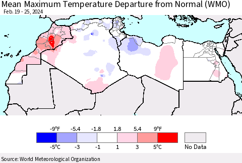North Africa Mean Maximum Temperature Departure from Normal (WMO) Thematic Map For 2/19/2024 - 2/25/2024