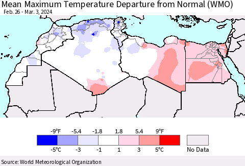 North Africa Mean Maximum Temperature Departure from Normal (WMO) Thematic Map For 2/26/2024 - 3/3/2024