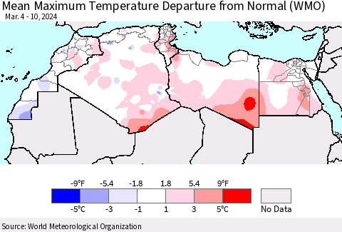North Africa Mean Maximum Temperature Departure from Normal (WMO) Thematic Map For 3/4/2024 - 3/10/2024