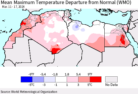 North Africa Mean Maximum Temperature Departure from Normal (WMO) Thematic Map For 3/11/2024 - 3/17/2024