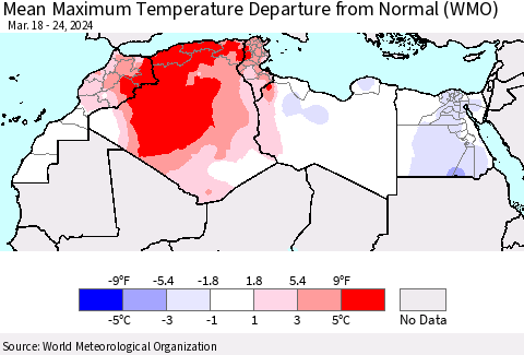 North Africa Mean Maximum Temperature Departure from Normal (WMO) Thematic Map For 3/18/2024 - 3/24/2024