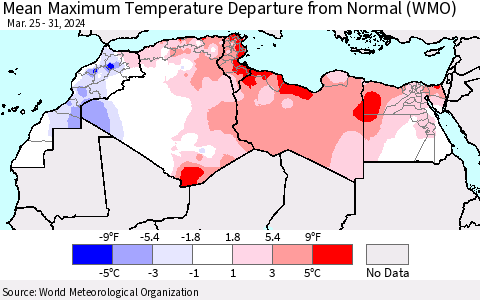 North Africa Mean Maximum Temperature Departure from Normal (WMO) Thematic Map For 3/25/2024 - 3/31/2024