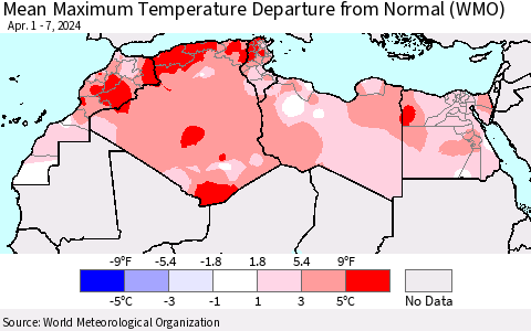 North Africa Mean Maximum Temperature Departure from Normal (WMO) Thematic Map For 4/1/2024 - 4/7/2024