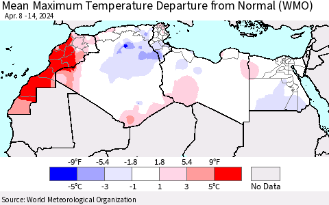 North Africa Mean Maximum Temperature Departure from Normal (WMO) Thematic Map For 4/8/2024 - 4/14/2024