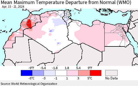 North Africa Mean Maximum Temperature Departure from Normal (WMO) Thematic Map For 4/15/2024 - 4/21/2024