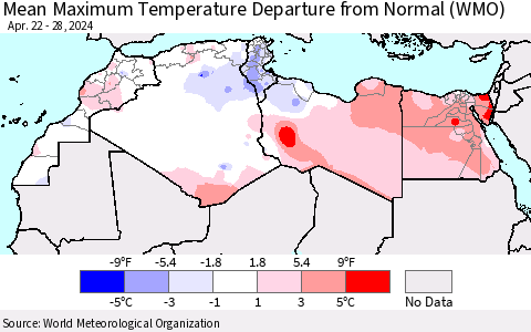 North Africa Mean Maximum Temperature Departure from Normal (WMO) Thematic Map For 4/22/2024 - 4/28/2024