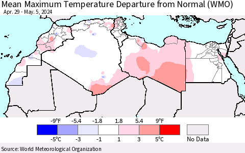 North Africa Mean Maximum Temperature Departure from Normal (WMO) Thematic Map For 4/29/2024 - 5/5/2024