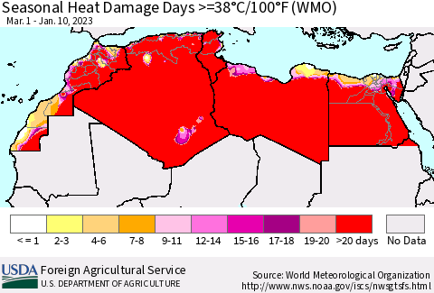 North Africa Seasonal Heat Damage Days >=38°C/100°F (WMO) Thematic Map For 3/1/2022 - 1/10/2023