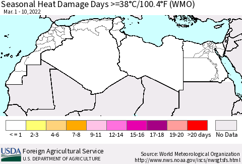 North Africa Seasonal Heat Damage Days >=38°C/100°F (WMO) Thematic Map For 3/1/2022 - 3/10/2022