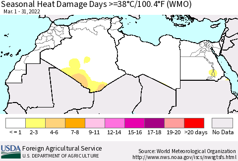 North Africa Seasonal Heat Damage Days >=38°C/100°F (WMO) Thematic Map For 3/1/2022 - 3/31/2022