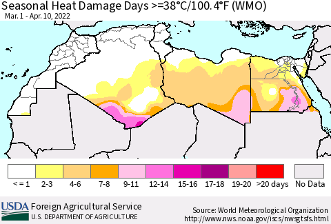 North Africa Seasonal Heat Damage Days >=38°C/100°F (WMO) Thematic Map For 3/1/2022 - 4/10/2022