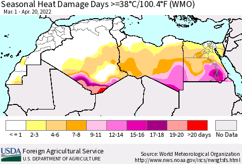 North Africa Seasonal Heat Damage Days >=38°C/100°F (WMO) Thematic Map For 3/1/2022 - 4/20/2022