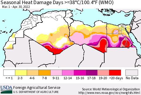 North Africa Seasonal Heat Damage Days >=38°C/100°F (WMO) Thematic Map For 3/1/2022 - 4/30/2022