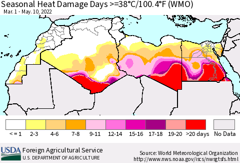 North Africa Seasonal Heat Damage Days >=38°C/100°F (WMO) Thematic Map For 3/1/2022 - 5/10/2022