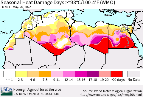 North Africa Seasonal Heat Damage Days >=38°C/100°F (WMO) Thematic Map For 3/1/2022 - 5/20/2022