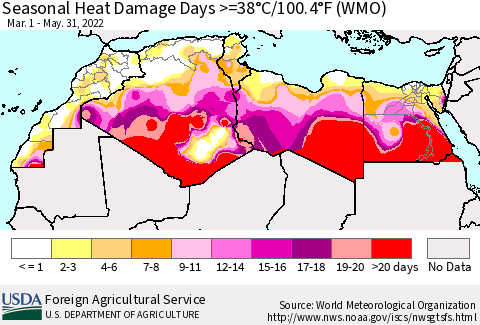 North Africa Seasonal Heat Damage Days >=38°C/100°F (WMO) Thematic Map For 3/1/2022 - 5/31/2022