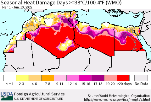 North Africa Seasonal Heat Damage Days >=38°C/100°F (WMO) Thematic Map For 3/1/2022 - 6/10/2022
