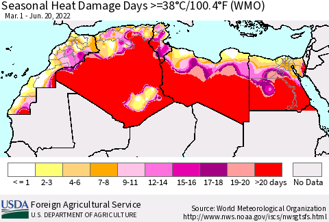 North Africa Seasonal Heat Damage Days >=38°C/100°F (WMO) Thematic Map For 3/1/2022 - 6/20/2022