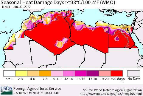 North Africa Seasonal Heat Damage Days >=38°C/100°F (WMO) Thematic Map For 3/1/2022 - 6/30/2022