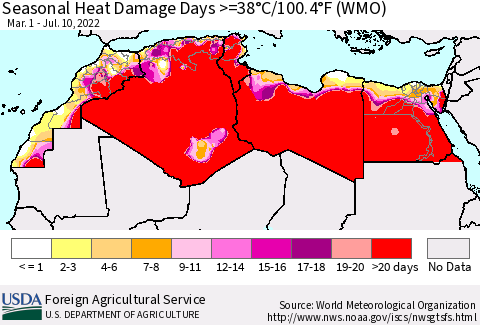 North Africa Seasonal Heat Damage Days >=38°C/100°F (WMO) Thematic Map For 3/1/2022 - 7/10/2022