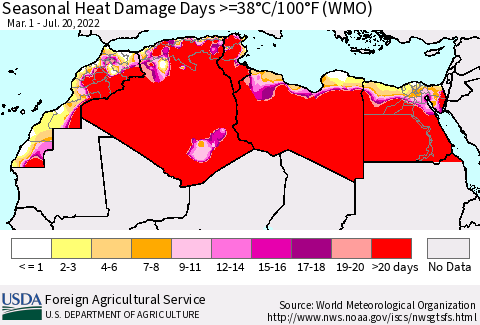 North Africa Seasonal Heat Damage Days >=38°C/100°F (WMO) Thematic Map For 3/1/2022 - 7/20/2022