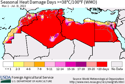 North Africa Seasonal Heat Damage Days >=38°C/100°F (WMO) Thematic Map For 3/1/2022 - 7/31/2022