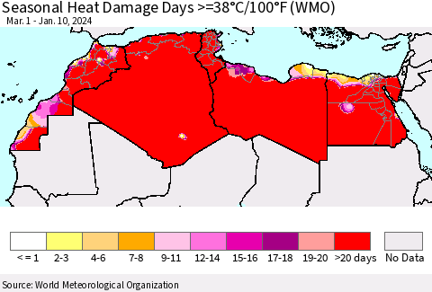 North Africa Seasonal Heat Damage Days >=38°C/100°F (WMO) Thematic Map For 3/1/2023 - 1/10/2024